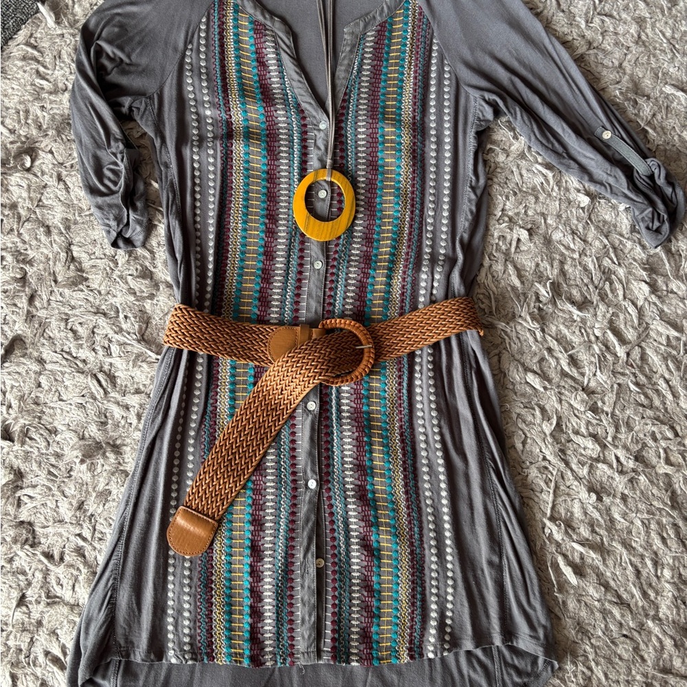 Gray Tunic Dress with Colorful Stripes